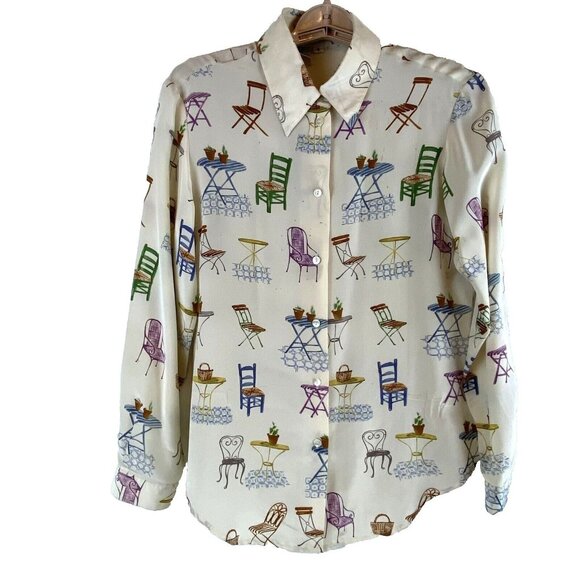 Ishyu Womens 8 Whimsical Silk Button-Down Shirt Colorful Chair Table Print VTG - Picture 1 of 15